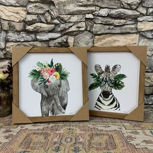 #70 Elephant Zebra 2 Piece Framed Set Wall Decor Art Picture Plaque Wood Frames